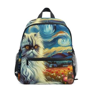 Imagem de GAIGEO Cute Cat Starry Night Floral Backpack for Toddler with Whistle, 2 Bottle Pockets, Lightweight, Back to School Backpacks 10x4x12 In, for Ages 3-8