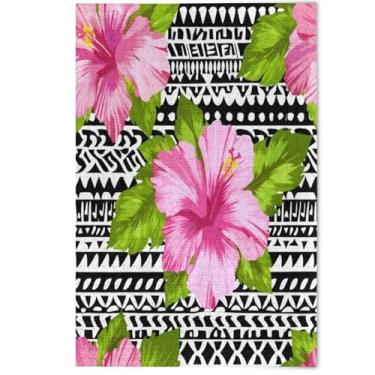 Imagem de Quebra-cabeça de hibisco flores rosa preto branco 500 peças adultos família jogo de arte divertido mordaça presente quebra-cabeças engraçado jogo tecnologia presentes, 500 peças, 52 cm x 37,8 cm