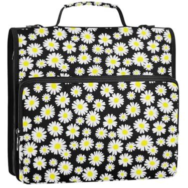 Imagem de Margaridas brancas pretas para fichários de 3,8 cm com 3 anéis, bolsa organizadora com zíper com alça para portfólio escolar e estojo para pasta de anéis, 34,5 x 31,5 x 9 cm