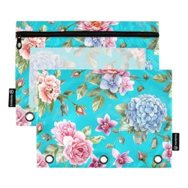 Imagem de Bolsa para lápis floral, 3 anéis, rosas, verde, azul, zíper, lápis, caneta, fichário escolar, bolsos transparentes, armazenamento 25 x 18 cm, 2 pacotes