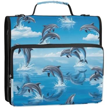 Imagem de Organizador de fichário colorido com zíper, 3 anéis, golfinhos, azul oceano, pasta de armazenamento com alça para fichários escolares com alça de ombro, 34,5 x 31,5 x 9 cm