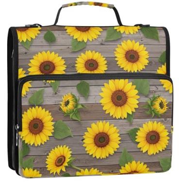 Imagem de Organizador de fichário com zíper de trabalho, 3 fichários de 3,5 cm, girassóis amarelos, tábuas de madeira, portfólio e estojo, fichários com alça para escola, 34,5 x 31,5 x 9 cm