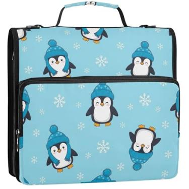Imagem de Organizador de fichário com zíper fofo desenho animado pinguins azuis 3,88 cm 3 anéis fichários engraçados resistentes com alça bolsa escolar estojo portfólio de armazenamento com alça, 34,5 x 31,5 x