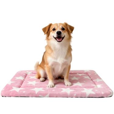 Imagem de Tapete de cama para cães – Almofada macia e confortável para canil – Cama e tapete durável para cães e gatos – ideal para gaiola, canil e uso doméstico (rosa e estrelas pequenas, M (76 x 50 x 3,8 cm)