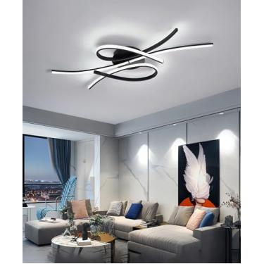Imagem de Luminária de teto LED moderna, dimerizável, com controle remoto, formato oval, preta e dourada. Ideal para sala de estar, quarto, sala de jantar e cozinha (preta, 100 cm).