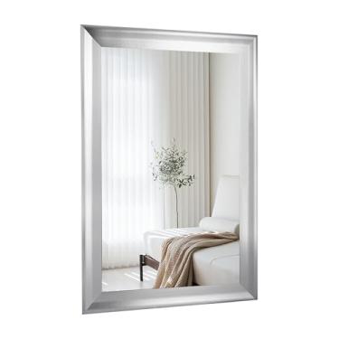 Imagem de CULER Espelho de parede de madeira prateada para banheiro, espelhos retangulares rústicos de 61 x 91 cm com moldura de madeira para sala de estar, quarto, entrada