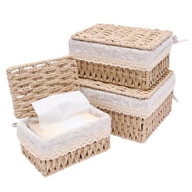 Imagem de Cesta de armazenamento de vime pequena de 3 peças com tampas e forro removível, cesta de armazenamento de tecido de corda de papel, caixa decorativa retangular para prateleiras, mesa, mesa, maquiagem