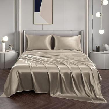Imagem de LM Detona, Jogo De Lençol Superior Casal Padrão Cetim Seda Bege 3 Peças