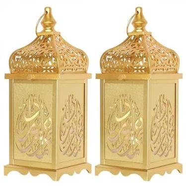 Imagem de NEEDOMO Conjunto de 2 decorações de Ramadã, lanterna LED Ramadã de 35,5 cm, decorações de Ramadã para casa, lanterna de vela de metal dourada vintage com luzes, decoração Remadan para mesa, parede