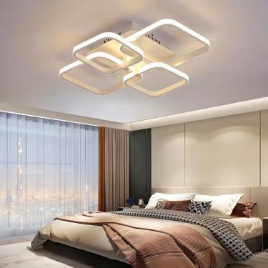 Imagem de Luminária de teto LED moderna para sala de estar, 3000k-6500k, dimerizável, com controle remoto, branca, 60w, quadrada, para quarto, cozinha, sala de jantar e escritório (4 lâmpadas).