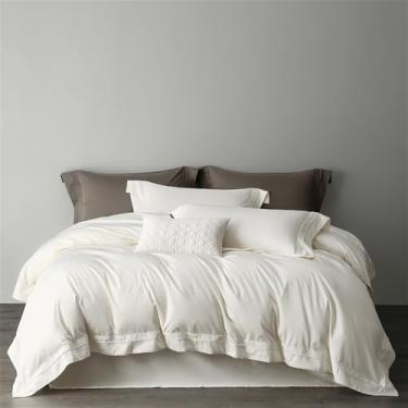 Imagem de Conjunto de cama em cetim de algodão, cor sólida, macio e sedoso, com capa de edredom, lençol de baixo, lençol de baixo com elástico e fronhas, branco, lençol de baixo com elástico para cama de 1,6 m.