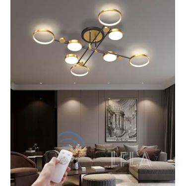 Imagem de Luminária de teto LED moderna, regulável, preta e dourada, com controle remoto, estilo lustre circular, iluminação interna sem cintilação para sala de estar, quarto e sala de jantar (dourada