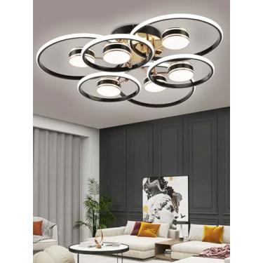 Imagem de Luminária de teto LED preta com design moderno em anel redondo, dimerizável e com controle remoto, ideal para salas de estar, quartos e salas de jantar (6 lâmpadas).