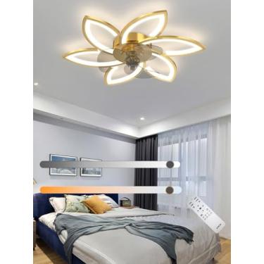 Imagem de Ventilador de teto com luminária LED moderna, silencioso e criativo, em formato de flor, com controle remoto, dimerizável e 6 velocidades, ideal para quarto e sala de estar (Dourado, 78cmA)