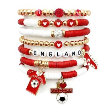 Imagem de Conjunto de 7 pulseiras de futebol femininas empilháveis vermelhas e brancas com contas elásticas 2026 joias de dia de jogo com pingentes esportivos, acessórios para fãs e pulseiras da amizade