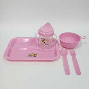 Imagem de Kit Alimentação Infantil 5 Peças Prato Tigela Copo Talheres Prato Divisória Kit Refeição Bebe (Rosa)