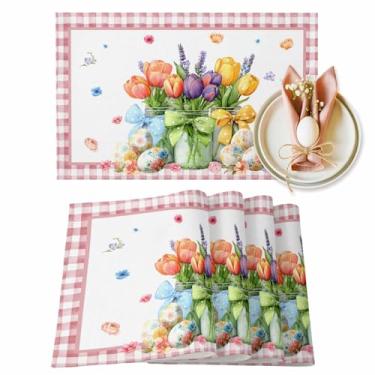 Imagem de Jogo americano tulipas flores Páscoa conjunto de 6 tapetes de mesa florais primavera primavera cozinha jantar casa ao ar livre decoração de mesa conjunto de 6