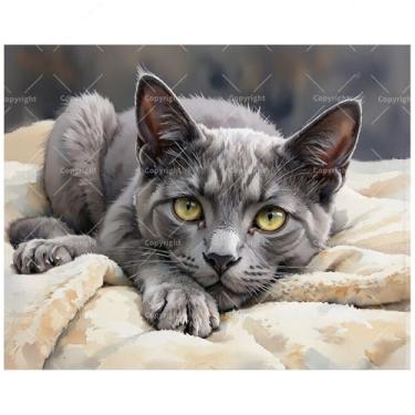 Imagem de Kit de pintura de retrato de animais de estimação por números para adultos – Pintura de gato malhado cinza relaxado DIY em tela, conjunto de tinta acrílica, adequado para iniciantes, arte para