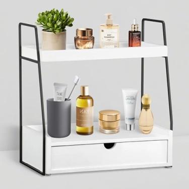 Imagem de dreampossible Organizador de banheiro de 2 camadas com gaveta, organizador de madeira para decoração de banheiro, prateleira de pia para armazenamento de vaidade, bandeja de maquiagem para perfume