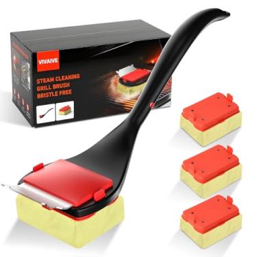 Imagem de Escova de grelha sem cerdas com raspador, escova de limpeza de churrasqueira com 4 almofadas substituíveis resistentes ao calor, ferramenta de limpeza de grelha segura para máquina de lavar louça para