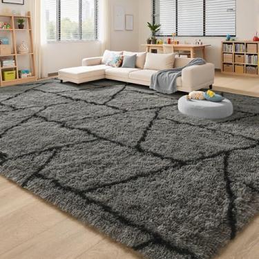 Imagem de FALARK Tapetes grandes de 20 x 25 cm para sala de estar, quarto, moderno, geométrico, macio, felpudo, cinza, tapete grande, lavável, antiderrapante, felpudo para sala de jogos, dormitório adolescente