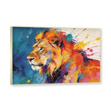 Imagem de NHLDZYH Moldura dourada. Pintura salpicada de leão pintura em tela abstrata arte animal mural vívido chama a atenção para sala de estar decoração moderna para casa. A83. 80 x 120 cm.