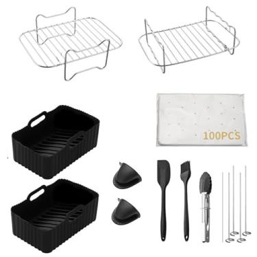 Imagem de Conjunto de Acessórios para Air Fryer Ninja 11 peças Fryers com Cesto Duplo Prateleiras Prateleira Espeto Espetos Forros Silicone Papel Pinças Cozinha