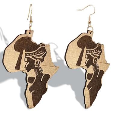 Imagem de KaFu Brincos femininos com mapa pintado de madeira natural boêmia, mapa étnico africano, brincos pendentes de madeira, joias modernas, Small, Madeira, Sem pedra preciosa