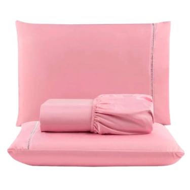 Imagem de Jogo de Lençol Casal Padrão Box 400 Fios Ultra Macio para Dormitório(ROSA,KING)