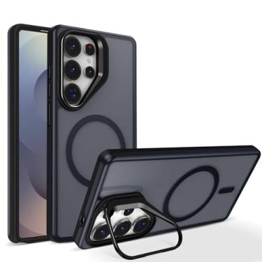 Imagem de POYUFRG Capa magnética para Samsung Galaxy S26 Ultra/S26 Plus/S26, capa fina translúcida fosca com proteção de lente de metal, capa de suporte, preta, S26