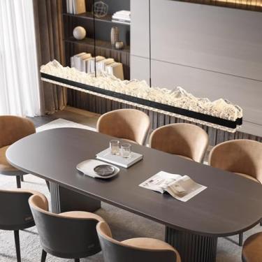 Imagem de Lustre de mesa de jantar preto, 120 cm, LED, luminária pendente para sala de estar, dimerizável, design linear moderno com controle remoto, alto brilho, altura ajustável (B L120cm)