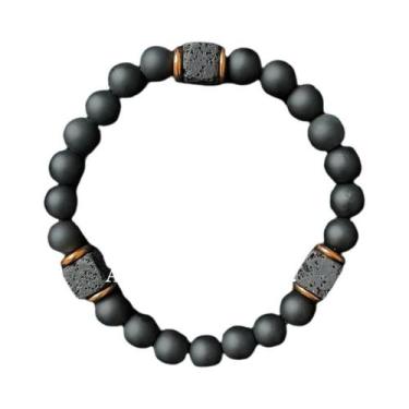 Imagem de Pulseira De Pedra Vulcânica Masculina Com Ágata Preta Quadrada, Joia D