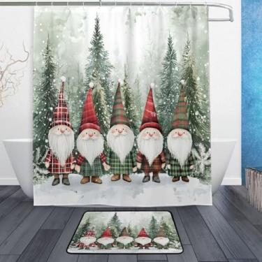 Imagem de xigua Gnomos de Natal fofos conjuntos de tapetes de cortina de banho 2 peças, conjunto de tema de banheiro (152 x 182 cm) com cortina de chuveiro e tapete antiderrapante -12 ganchos436
