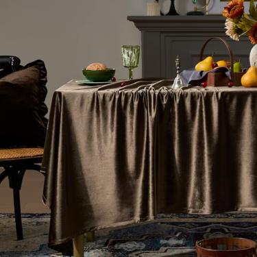 Imagem de Toalha de mesa retangular de veludo marrom francesa luxuosa sólida vintage retrô fazenda rústica toalha de mesa lavável para festa, cozinha, sala de jantar, decoração de mesa, 139 x 300 cm, outono