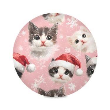 Imagem de STAYTOP Jogo americano de Natal adorável gato redondo 6 peças, tapetes de mesa antiderrapantes fáceis de limpar para casa, cozinha, churrasco, festa, decoração de mesa