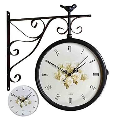 Imagem de SLGGPJBU Relógio de parede de dupla face retrô clássico, relógio de parede dupla face, mostrador retrô com pêndulo de fixação de haste para jardim doméstico interno e externo - decoração de parede