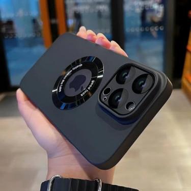 Imagem de Capa de luxo fosca em cor sólida para iPhone 17, 16 Pro Max, 17 Air, 11, 12, 13, 14, 15 Plus com proteção magnética para a câmera, preta, para iPhone 15 Pro.