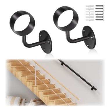 Imagem de ZBuildMars Pacote com 2 suportes de corrimão de escada de aço inoxidável 304, suportes de corrimão de base redonda preta, suportes de escada para corrimão de escada redonda de 5 cm