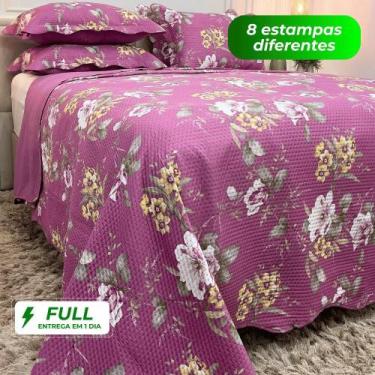 Imagem de Kit Colcha Cobre Leito Casal Queen King Cacintex 3 Pçs Estampada Flori