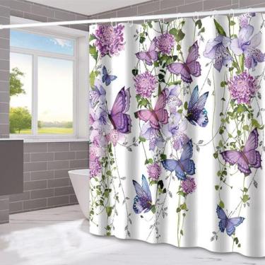 Imagem de Cortina de chuveiro floral borboleta roxa e rosa 180x180cm - yiweisai