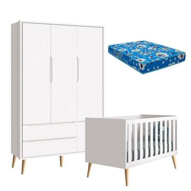 Imagem de Berço Americano E Guarda Roupa 3 Portas Infantil Theo Branco Acetinado Com Pés Madeira Natural E Colchão ? Reller