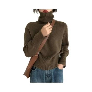 Imagem de Suéter Feminino Oversized De Gola Alta, Cor Sólida, Tricô Vintage, Mod