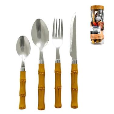 Imagem de Conjunto 16 Talheres em Inox Colher Faca Garfo Estilo Bambu - Fratelli