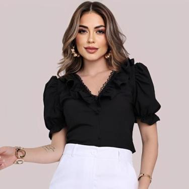 Imagem de Blusa Feminina Social Manga Curta Bufante com Gola V Babado - G-Store,