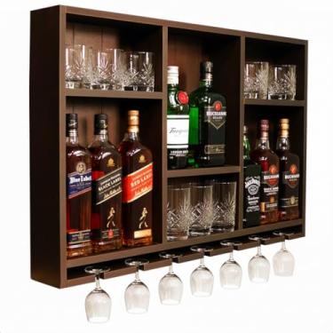 Imagem de Barzinho Adega de Parede Madeira MDF Tabaco Ripado – Aparador Suspenso para Sala e Churrasco com Porta Taças e Copos – Suporte de Bebidas Luxo Adegashow