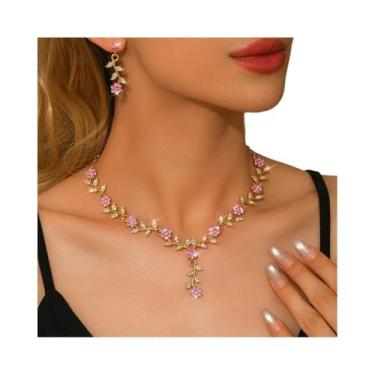 Imagem de Conjunto De Colar E Brincos Feminino Com Cristais E Folhas Em V - Joia