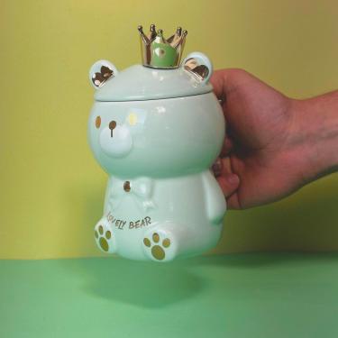 Imagem de Caneca Porcelana 3d com Tampa e Colher Ursinho Verde Tpc para Café Chá e Bebidas Quente...