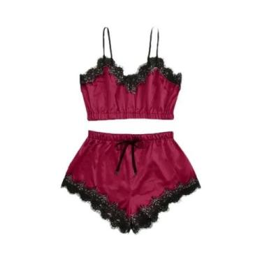 Imagem de Conjunto De Pijamas Sexy De Renda E Seda Para Mulheres, Decote Em V, S