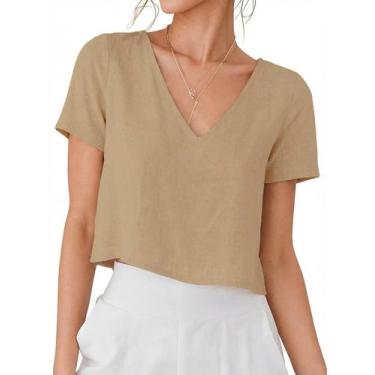 Imagem de Camisa IDEALSANXUN de linho para mulheres com decote em V, manga curta