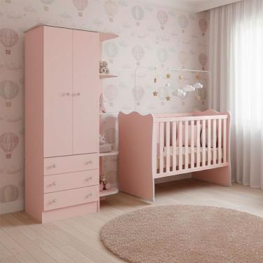 Imagem de Quarto de Bebê Doce Sonho 2 Portas 3 Gavetas MDP TAMANHO 90cm Rosa com Suporte para Mosquiteiro Qmovi